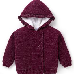 Babyoye Knitted Full Sleeves Solid Colour Front Open Hooded Sweater with Shimmer Detailing - Wine-picture-10