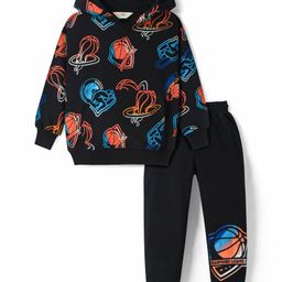 Primo Gino 100% Cotton French Terry Knit Full Sleeves Hooded Winter Wear Set With Kangaroo Pocket & Basketball Print - Black & Blue-image-26