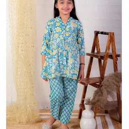 Ka-mee Cotton Three Fourth Sleeves Floral Printed Kurta & Pant Set - Blue-picture-32