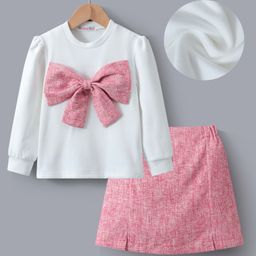 Kookie Kids Full Sleeves Top & Skirt Set With Bow Applique - White & Pink-image-53