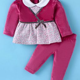 ToffyHouse 100% Cotton Knit Full Sleeves Peter Pan Collared Top & Leggings Set with Floral Print - Dark Pink-picture-45