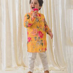 Tiber Taber Cotton Full Sleeves Floral Printed Kurta Pyjama Set - Yellow-image-81