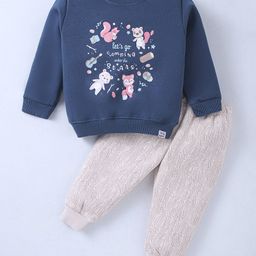 Teddy Fleece Knit Full Sleeves Winter T-Shirt & Lounge Pant Set With Animal Print - Navy Blue-image-39