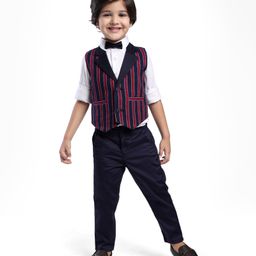 Babyhug Woven Full Sleeves Stripes 3 Piece Party Suit with Bow - Red & Navy Blue-image-6