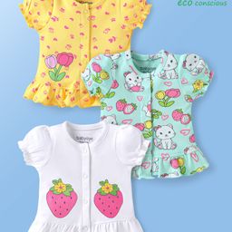 Babyoye Eco Conscious 100% Cotton Knit Half Sleeves Jhablas With Fruit & Floral Print Pack of 3 - White Yellow & Green-picture-10
