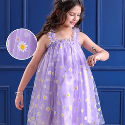 Mark & Mia Net Woven Singlet Sleeves A Line Party Frock with Frill Detailing & Floral Print - Purple-picture-2
