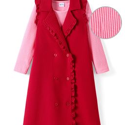 Hola Bonita Knit Frill Sleeves Collared Front Open Knee Length Dress with Full Sleeves T-Shirt - Red & Pink-picture-8