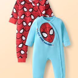 Babyhug Marvel Interlock Knit Full Sleeves Rompers With Spider-Man Graphics Pack of 2 - Light Blue & Red-image-21