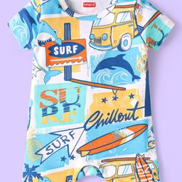 Babyhug Interlock Knit Half Sleeves Romper With Beach Theme Print - White & Light Blue-image-52