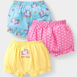 Babyhug 100% Cotton Knit Bloomers With Unicorn & Hearts Print Pack of 3 - Yellow Pink & Light Blue-image-86