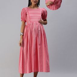 Swishchick Cotton Half Puffed Sleeves Striped Maternity Dress With Nursing Access - Pink-image-24