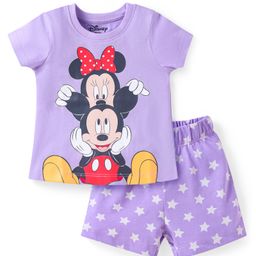 Babyhug Disney Single Jersey Knit Half Sleeves Shorts Nightsuit With Minnie Mouse Graphic - Purple-image-89