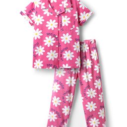 Honeyhap Premium 100% Cotton Knit Half Sleeves Night Suit with Floral Print Bio Finish - Fandango Pink-image-23