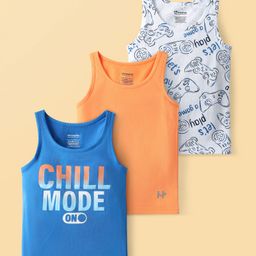 Honeyhap Premium 100% Cotton Spandex Knit Sleeveless Vests with Bio Finish & Text Print Pack of 3 - Bright White Tangerine & Skydiver-image-72