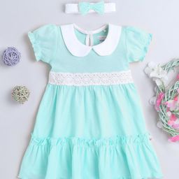 BUMZEE Interlock Knit Half Puffed Sleeves Schiffli Lace Detailed & Peter Pan Collared Dress with Headband - Aqua Blue-picture-37