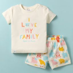 First Smile Interlock Knit Half Sleeves T-Shirt and Shorts Set with Teddy & I love My Family Text Print - Cream & Yellow-picture-21