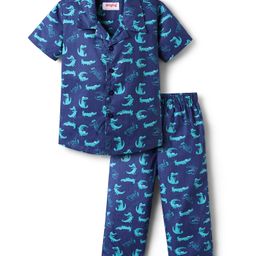 Babyhug Cotton Woven Half Sleeves Co-ords Night Suit With Animal Print - Blue-image-63