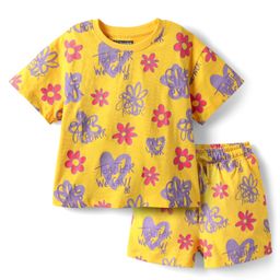 Pine Kids Single Jersey Knit Half Sleeves Shorts Night Suit with Floral Print - Yellow-image-86