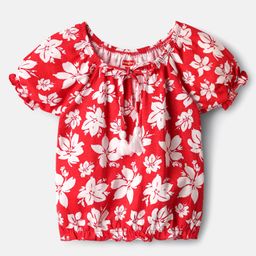 Babyhug 100% Cotton Knit Puffed Sleeves Top With Floral Print - Red-image-92