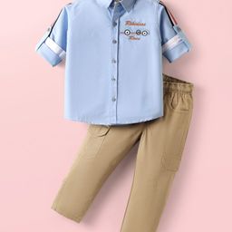 Rikidoos Full Sleeves Car Embroidered Shirt With Pant - Light Blue & Fawn-image-94