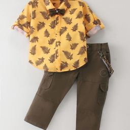 Dapper Dudes Full Sleeves Leaves Printed Shirt With Bow Suspender & Pant Set - Yellow-image-19