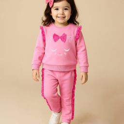 Mark & Mia Fleece Knit Full Sleeves Winter Wear Suit With Frill & Bow Detailing - Light Pink-picture-36