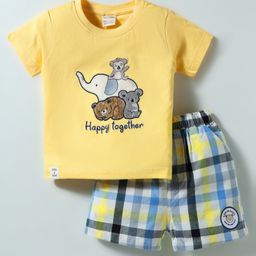 CUCUMBER Single Jersey Knit Half Sleeves Shorts Night Suit With Animal Embroidery - Yellow-image-18