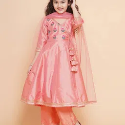 Bitiya By Bhama Silk Woven Three Fourth Sleeves Placement Embroidered Anarkali & Palazzo & Dupatta Set - Peach-picture-20