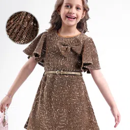 Hola Bonita Knit Half Flutter Sleeves Pleated Party Dress With Sequin Detailing & Belt - Golden-picture-23