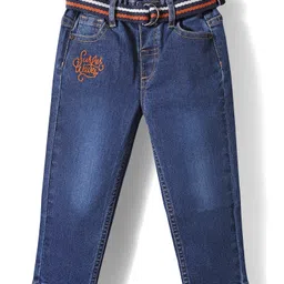 Babyhug Denim Full Length Washed Embroidered Jeans With Stretch & Belt - Navy Blue-picture-37