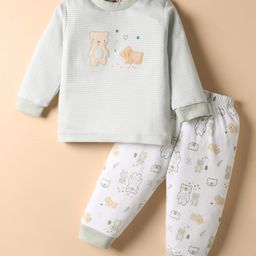 Zero Interlock Knit Full Sleeves Night Suit with Stripes & Animal Embroidery & Patch - Light Blue-picture-48