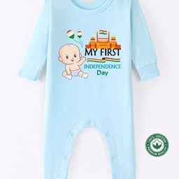 BLUSHES 100% Cotton Knit Independence Day Theme Full Sleeves My First Independence Day Text Printed Romper - Aqua Blue-image-96