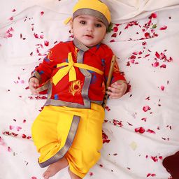 KID1 Cotton Woven Janmasthami Theme Full Sleeves Kanha Angrakha Dhoti Set With Morpankh & Headband - Red-image-84