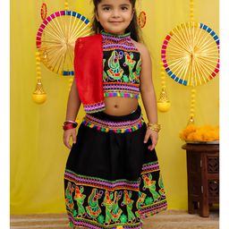 BownBee Pure Cotton Navratri Theme Sleeveless Kutch Embroidered & Mirror Work Embellished Chaniya Choli With Dupatta Set - Black-picture-8