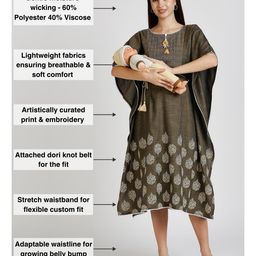 Dummy Shape Three Fourth Sleeves Abstract Embroidered Stretchable Maternity Kaftan Kurta With Attached Dori Belt & Concealed Zipper Nursing Access - Dark Grey image 3