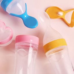 The Cheeky Kidzz Baby Spoon Feeding Bottle| Soft Silicone Fruit Shape Teether | Fruit Nibbler with Button Bib Aprons and Finger Toothbrush BPA Free(BLUE) image 3