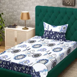 Myntra Elegant Homes White & Blue Ethnic Motifs 300 TC Single Bedsheet with 1 Pillow Covers-picture-55