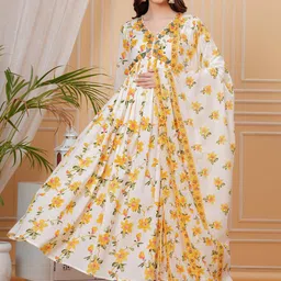 Mizaz Women Floral Printed Empire Pure Cotton Kurta with Trousers & With Dupatta-18