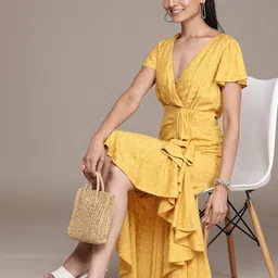 Label Ritu Kumar Yellow Self Design A-Line Midi Dress-image-12