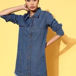 SASSAFRAS Women Stunning Blue Solid Zoom Friendly Collar Dress-50