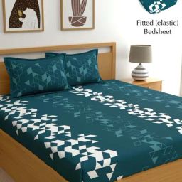 Dreamscape Blue Cotton 140 TC King Fitted Bedsheet With 2 Pillow Covers-image-1