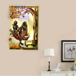 ecraftindia Lord Krishna with Radha on Swing Under Tree Handcrafted Iron Wall Hanging with Background LED's image 1