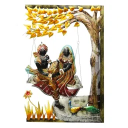 ecraftindia Lord Krishna with Radha on Swing Under Tree Handcrafted Iron Wall Hanging with Background LED's image 3