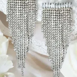 OOMPH Siver Crystal Rainfall Tassels Statement Dangler Earrings-image-68