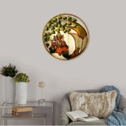 ecraftindia Handcrafted Lord Ganesha on Swing Under Tree Decorative Iron Wall Hanging with Background LED's image 2