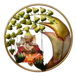 ecraftindia Handcrafted Lord Ganesha on Swing Under Tree Decorative Iron Wall Hanging with Background LED's image 3