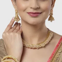 Zeneme Gold Plated Off White Stone Studded Beaded Temple Jewellery Set-image-76