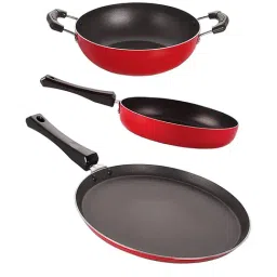 Nirlon Non-Stick Red Aluminium Gas Compatible Cookware with Bakelite H & le set of 3 Piece-13