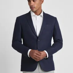 Peter England Elite Navy Linen Slim Fit Self Pattern Blazer-image-65