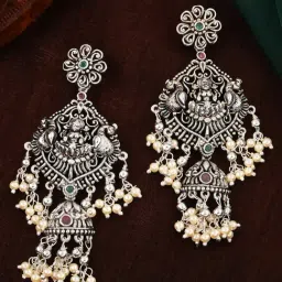 Estele Rhodium-Plated CZ Traditional Lakshmi Devi Design Dangler Earrings-image-50